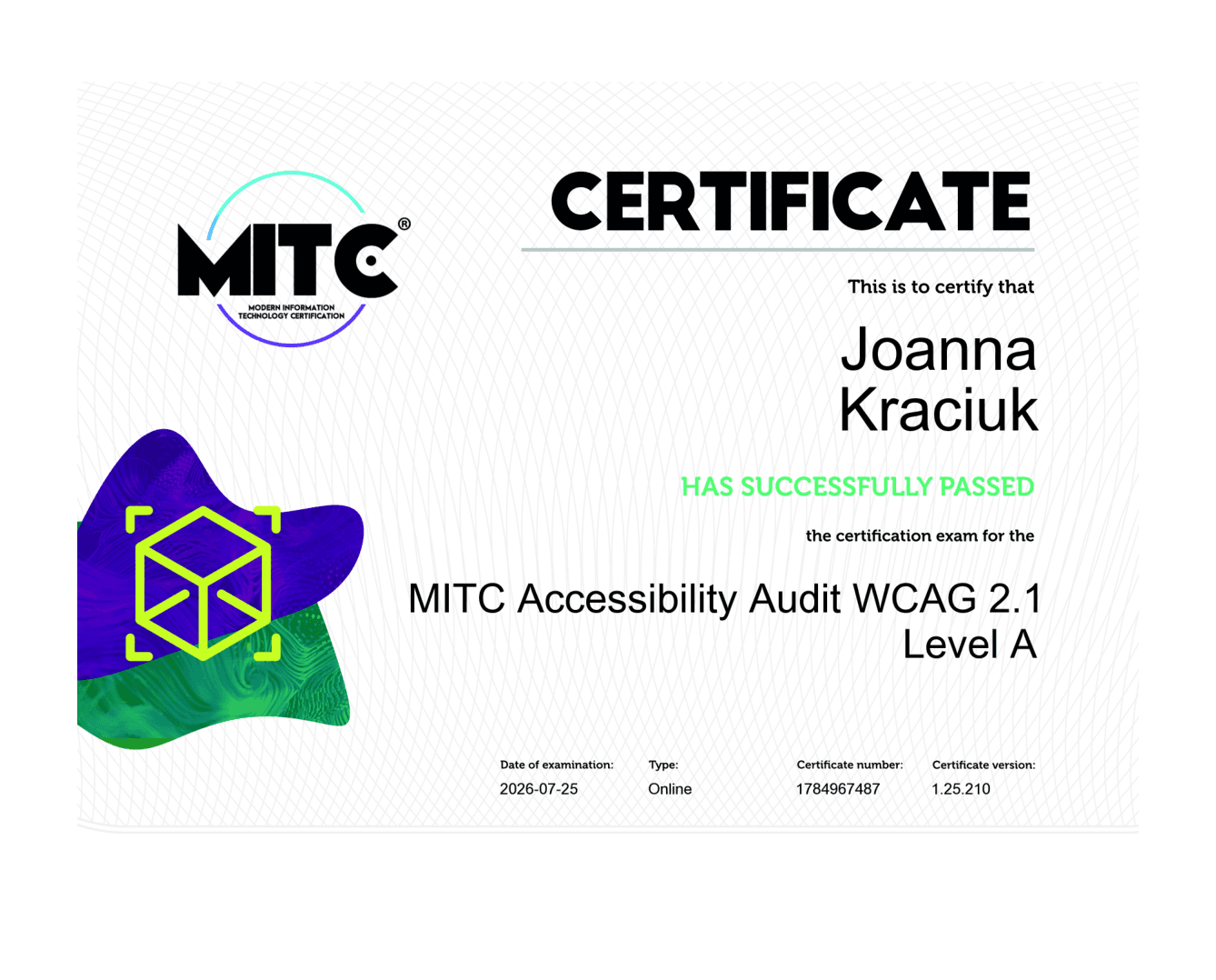 Certyfikat Joanny Kraciuk: MITC Accessibility Audit WCAG 2.1 Level A.